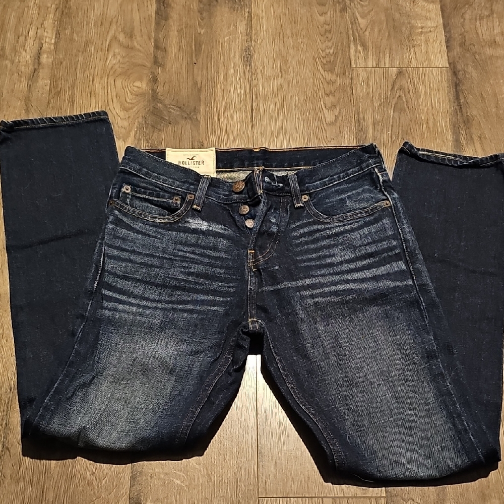 Hollister Jeans Men 29 X 30 Button Fly Dark Denim Faded Skinny